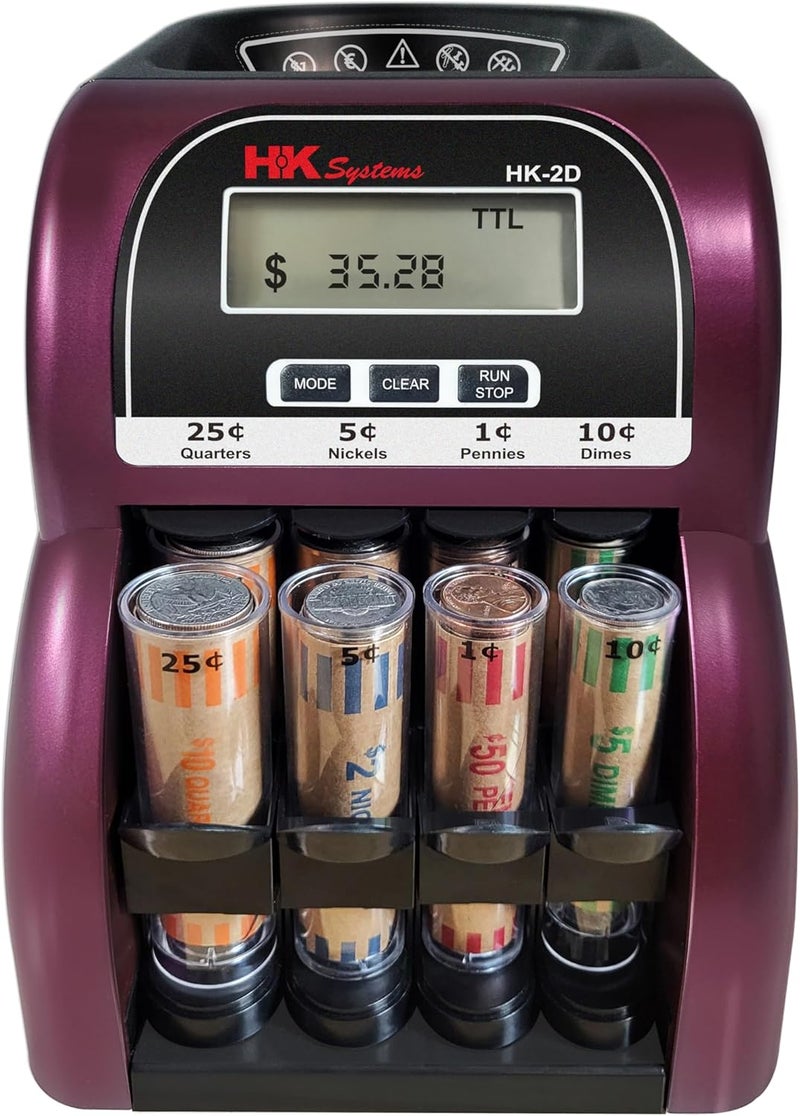 HK SYSTEMS HK-2D, Digital USD Coin Counter and Sorter with LCD Display, Sorts 260 Coins Per Minute into Coin Wrappers, 2 Row Coin Wrapper Tubes Included - Image 3